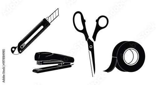 Stationery items including a utility knife scissors stapler and tape