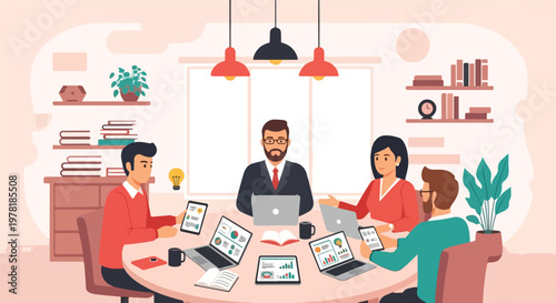 A group of diverse professionals collaborates in a modern office, using laptops and tablets around a round table during a productive meeting.