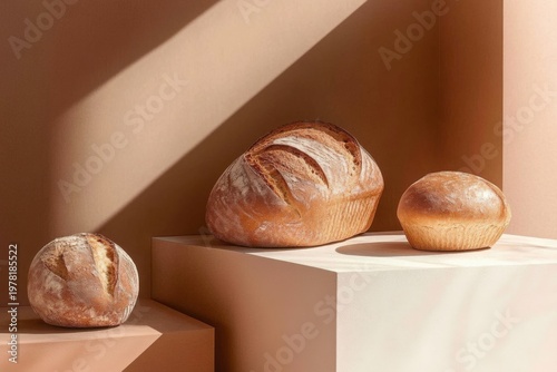Minimalistic display of freshly baked bread on geometric pedestals