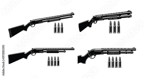 Black and white illustration depicting various lever action shotguns and ammunition