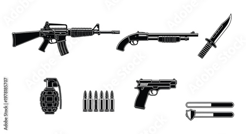 Black and white illustration depicting various lever action shotguns and ammunition