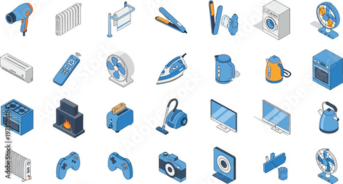 Set of Household Appliances and Electronics Illustrations Featuring Hairdryer, Washing Machine, Remote, and Kitchen Devices