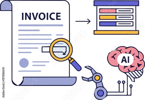 Artificial intelligence robot using magnifying glass to automate the processing and analysis of digital business invoice data documents