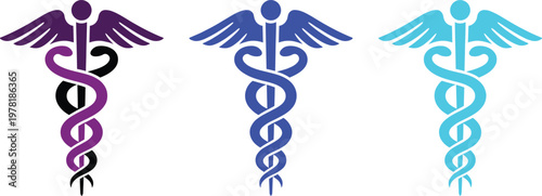 Medical caduceus symbol illustration, healthcare and medicine vector design, black and white snake and wings icon representing medical science and hospital logo concept
