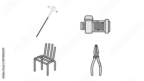 Assortment of Icons: A collection of simple line icons presents various objects including measuring tool, motor, chair, and pliers.