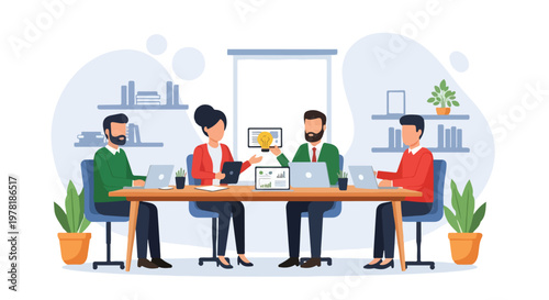 A group of office workers collaborate at a wooden table, utilizing laptops and a tablet with a light bulb to brainstorm innovative ideas.