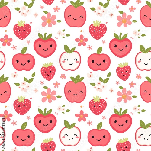 Seamless pattern vector illustration of fresh apples and strawberries with a set of healthy sweet fruits including banana, lemon, and orange in a cartoon design