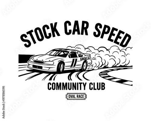 Stock car speed community club design. Oval race artwork for t shirt print, poster, sticker and others. Fast wheels challenge. Speed racing poster.
