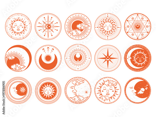 エソテリックな天体イラスト素材。ヴィンテージ風の太陽・月・星の装飾セット