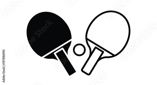 Two ping pong paddles and a ball depicted in stark black silhouette