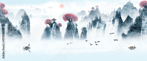 Foto Chinese and Japanese style landscape architecture illustration with traditional