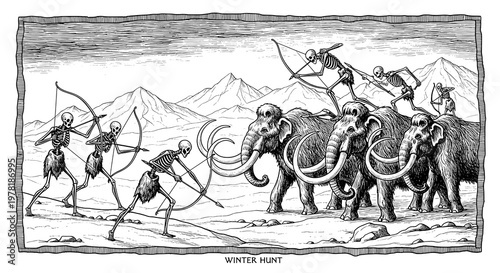 Prehistoric Winter Hunt Scene with Skeletons and Mammoths