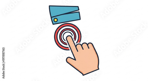 A hand pressing a button with a wallet above it, symbolizing online payment or financial transaction.