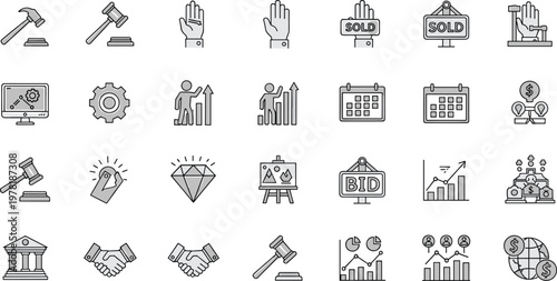 Business and Auction Icons Collection Featuring Gavel, Bid, Sale, Handshake, Graphs, Calendar, and More in Detailed Line Art