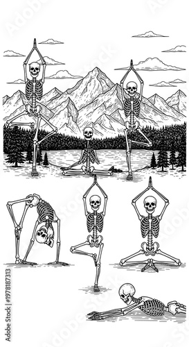 A Group of Skeletons in Various Yoga Poses Outdoors