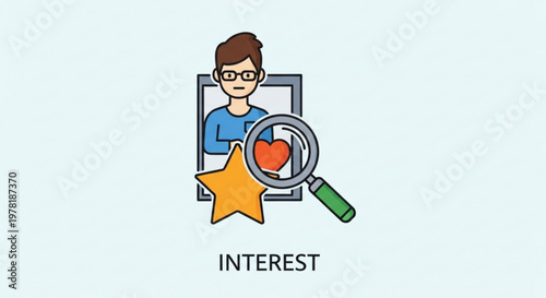A cartoon man with a magnifying glass and heart symbolizing interest and search