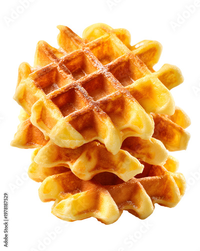 Golden crispy Belgian waffles with deep grid pattern isolated on transparent background