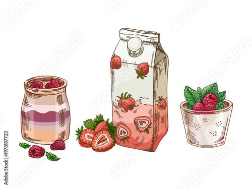 Hand drawn vintage sketch of yogurt dessert strawberry drink and berry cup set with fresh fruit and mint