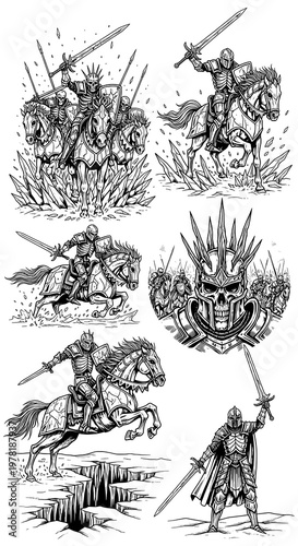 A collection of medieval knights and skeleton warriors in battle