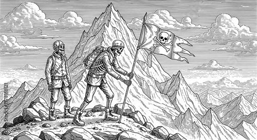 Two Skeletons on a Mountain Peak with Skull Flag