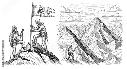 Three adventurous climbers standing on a mountain peak with a skull flag