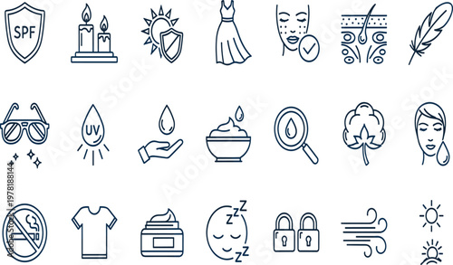 Beauty and Skincare Icons Collection Featuring SPF, Sunscreen, Moisturizer, Face Care, Sleep, and More in Line Art Style