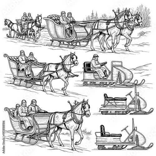 Vintage Horse-Drawn Sleighs and Winter Transportation Illustrations Collection