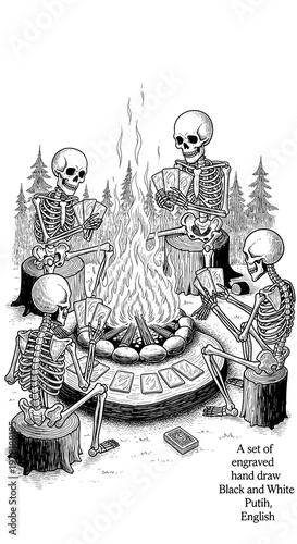 A group of skeletons sitting around a campfire reading cards