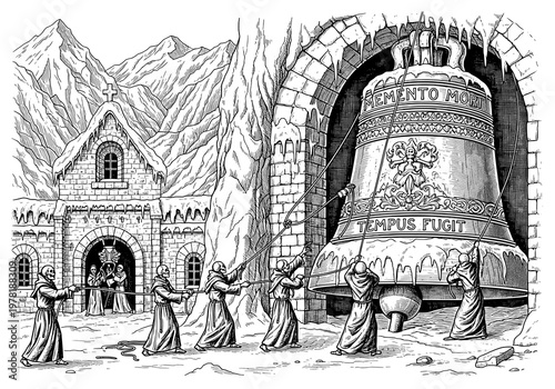 Monks Ringing a Large Bell in a Medieval Monastery