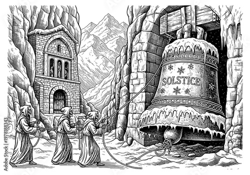 Monks Pulling a Large Solstice Bell in Winter Landscape