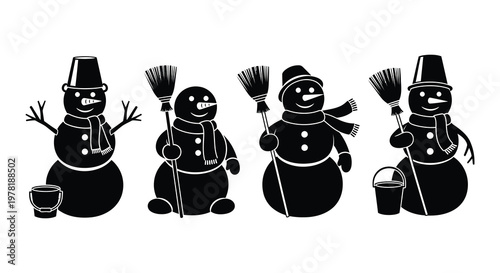 Four black silhouette snowmen with hats scarves and winter accessories