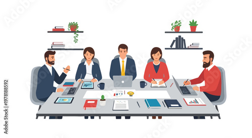 A diverse group of five professionals are sitting around a conference table, actively participating in a collaborative business meeting in an office.