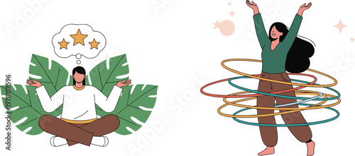 Wellness and Fun Activity Concept with Person Meditating and Dancing with Hula Hoops in Colorful Vector Design