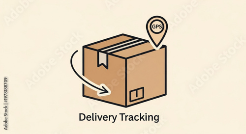 A vector graphic illustration of a cardboard box with a GPS tracker for delivery tracking and logistics