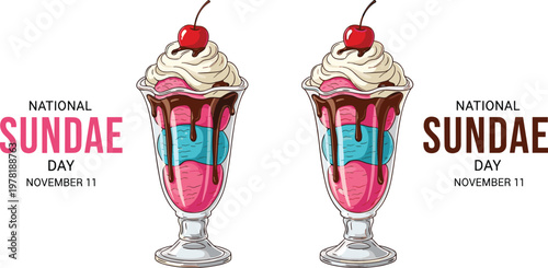 National Sundae Day Celebration with Colorful Ice Cream Sundaes and Whipped Cream in Vector Style