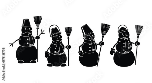 Four black silhouette snowmen with hats scarves and winter accessories