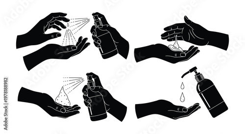 Hands spraying and holding disinfectant bottles in a black and white illustration