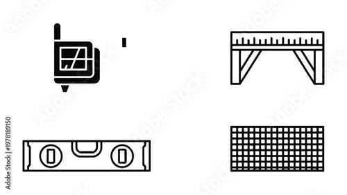 Precise Tools for Construction: An arrangement of precision instruments, including a level, a ruler, a marking gauge, and a grid, designed for accurate construction work.