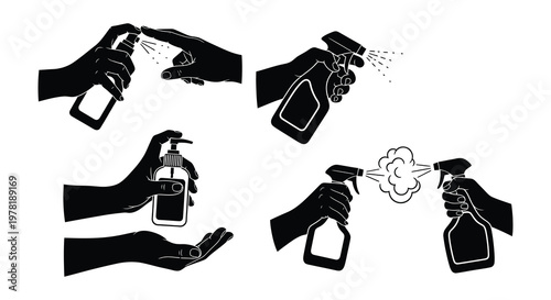 Hands spraying and holding disinfectant bottles in a black and white illustration