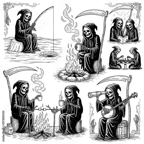 Grim Reaper Engaging in Various Relaxing and Leisurely Activities Black and White Illustration Set