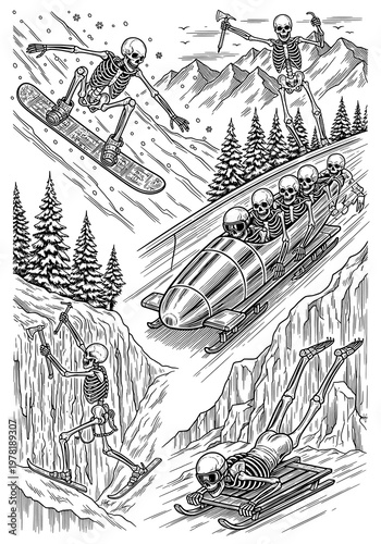 Skeletons Enjoying Thrilling Winter Sports: Snowboarding, Bobsledding, Skiing, and Sledding Adventures