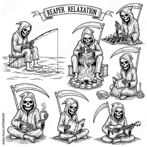 Humorous Black and White Illustration Set of the Grim Reaper Enjoying Various Relaxing Hobbies