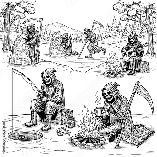 Humorous Grim Reapers Enjoying Various Winter Leisure Activities and Hobbies Outdoors