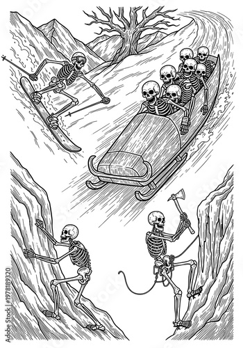 Black and White Skeletons Engaging in Extreme Winter and Mountain Sports Activities Illustration