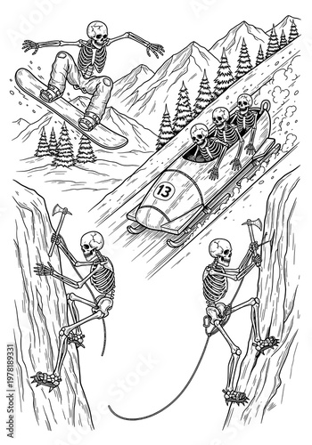 Humorous Skeletons Engaging in Extreme Winter Sports and Mountain Climbing Adventures