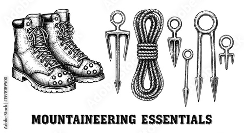 Vintage Engraving Style Illustration of Mountaineering Essentials Equipment for Outdoor Adventures