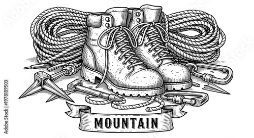 Detailed Engraving of Essential Mountain Climbing and Hiking Equipment for Outdoor Adventures