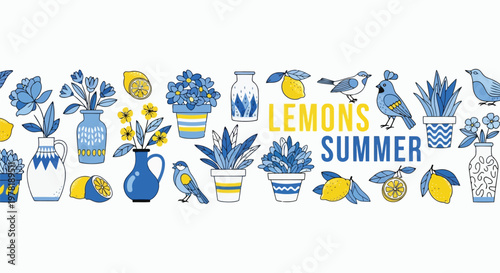 Lemon-themed summer decorative elements and fruits illustration Vector