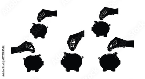 Hands depositing coins into black piggy banks a savings concept