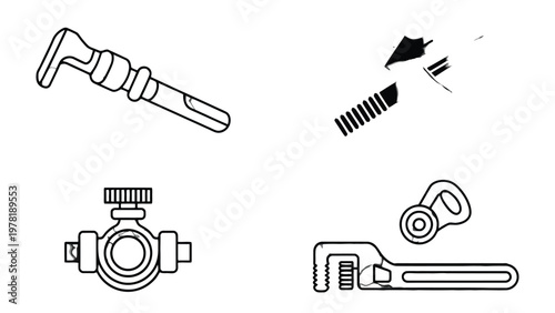 Industrial Tools: A comprehensive collection of industrial tools, each meticulously depicted with precise line work. This image presents a range of mechanical elements essential to diverse industries.